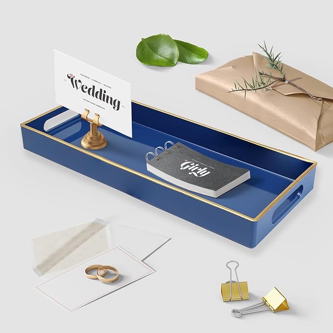 Leemxiiny Blue Bathroom Vanity Tray for Countertop, Small Plastic Toilet Tank Versatile Storage & Organization Tray for Makeup, Perfume, Desk, Kitchen, Candles, 13.7"x6"x1.4", 35HB