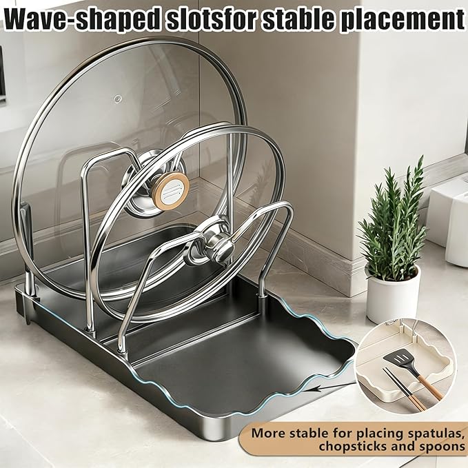 Multi-Functional Kitchen Pot Lid Storage Rack - Double Layer Holder for Pots, Cutting Boards, Spoons & Chopsticks - Rust-Resistant Carbon Steel - Black