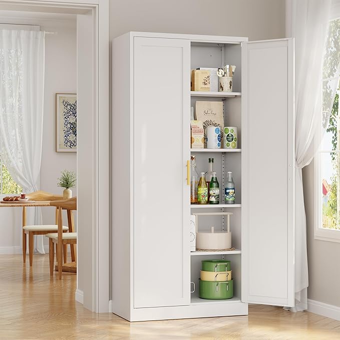 Metal Kitchen Pantry Cabinet, 71"Tall Cabinet with 2 Doors and 4 Adjustable Shelves, Pantry Cabinets for Kitchen Storage, Metal Storage Cabinet for Kitchen, Dining Room, Living Room and Bathroom-White
