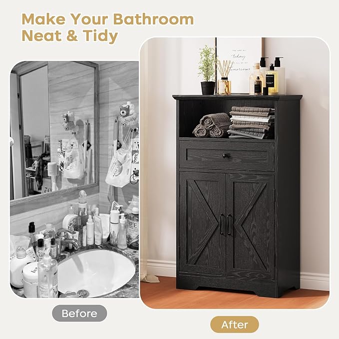 Viroformo Floor Cabinet, Farmhouse Storage Cabinet with Barn Doors and Drawer, 11.81" D x 23.62" W x 39.37" H Black Freestanding Adjustable Shelf Organizer for Bathroom, Kitchen, Living Room