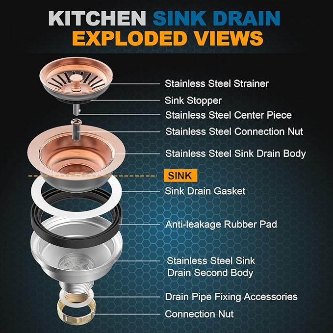 BOTEMY B9173 Kitchen Sink Drain Assembly 3-1/2 inch with Removable Sink Strainer Basket/Stopper 304 Stainless Steel (Antique Copper)