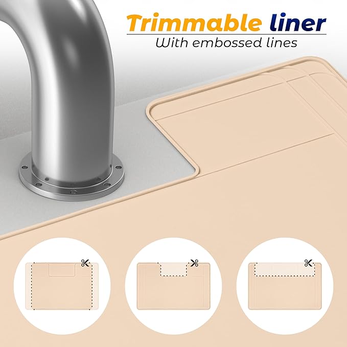 The Original Under Sink Mat - Silicone Waterproof mat, Adjustable, Easy to Clean, Kitchen Cabinet Liner, Disinfection Surface - 34" x 22" or Smaller - Beige