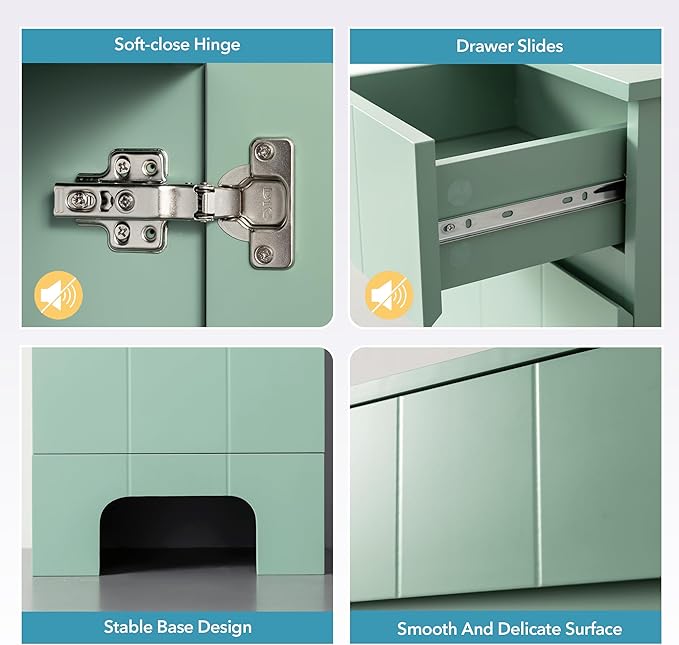 VANIRROR Small Bathroom Cabinet with Adjustable Shelves, Drawer, Anti-Tip Design, 14.96" L x 11.81" W x 32.09" H, Durable MDF for Bathroom, Kitchen, Laundry Storage, Soft-Close Door