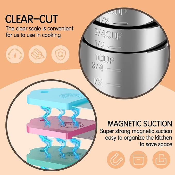 Minteem Magnetic Measuring Cups, 5 Stainless Steel Nesting Measuring Cup Set for Measuring Dry or Liquid Ingredients
