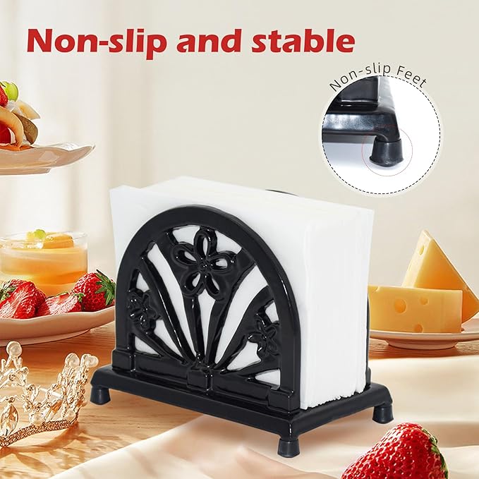 MINLUFUL Napkin Holder for Table, Vintage Cast Iron Paper Napkins Tissue Dispenser with Daffodil Pattern for Kitchen Dining Room Countertop Decor, Black