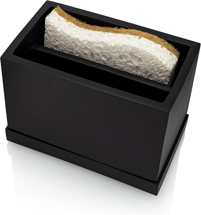 Essentra Home Matte Black Kitchen Sponge Holder, Modern Kitchen Sink Caddy with Drain Tray