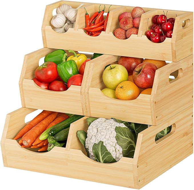 Upgraded 3 Tier Bamboo Pantry Storage Bins - Stackable Potato and Onion Storage Bin, Storage Baskets Airflow Vent Vegetable and Fruit Organizer with Handle, for Kitchen, Livingroom,Bathroom