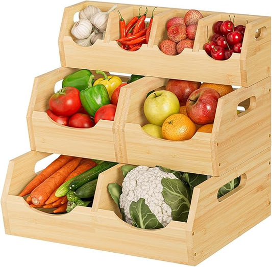 Upgraded 3 Tier Bamboo Pantry Storage Bins - Stackable Potato and Onion Storage Bin, Storage Baskets Airflow Vent Vegetable and Fruit Organizer with Handle, for Kitchen, Livingroom,Bathroom