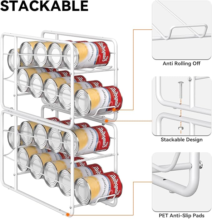 MOOACE Can Organizer for for Pantry, Stackable Soda Can Dispenser Canned Food Storage, Kitchen Cabinet Fridge Beverage Cans Holder, 4 Pack, White