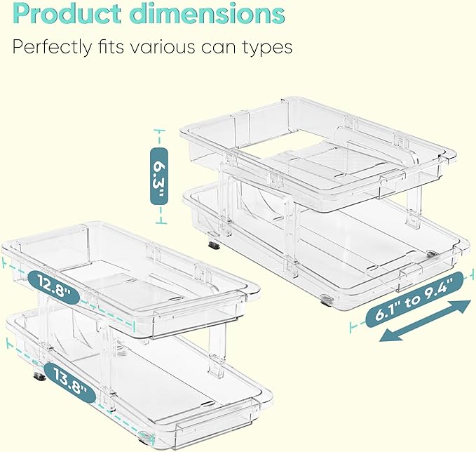 VUSIGN Expandable Soda Can Organizer 2 Pack, Adjustable Width Can Dispenser for Refrigerator 6.1''-9.38'' W, Drink Organizer for Fridge, Can Holder for Standard and Tall Can, Clear