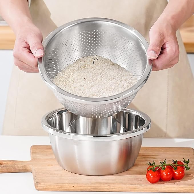 POPGRADE 304 Stainless Steel Colander 2QT Microporous Colander & Mixing Bowl for Kitchen Cooking,Rice Strainer with Washing Bowl for Pasta Straining,Fruit Washing,Vegetable Draining(2PCs)