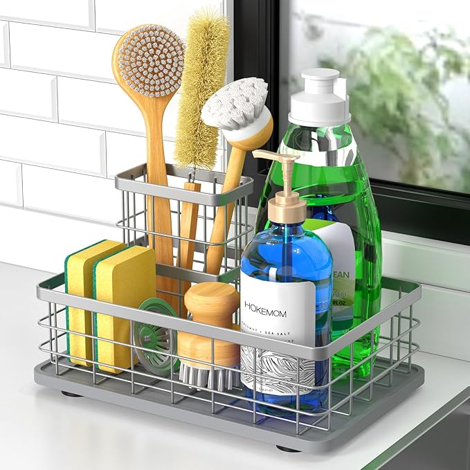 Large Family-Sized Sponge Holder for Kitchen Sink, Sink Caddy Organizer with Brush Holder - Drain-Free Non-Slip Base, Stainless Steel with Rust-Resistant Coating-10.24" L x 6.5" W x 5.83" H