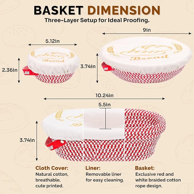 ONULISS Sourdough Starter Kit with 40oz Starter Jar, Banneton Bread Proofing Basket Set of 3 (9" Round,10" Oval,5" Mini), Cotton Rope Bread Making Tools for Sourdough Baking, Complete Gift for Bakers