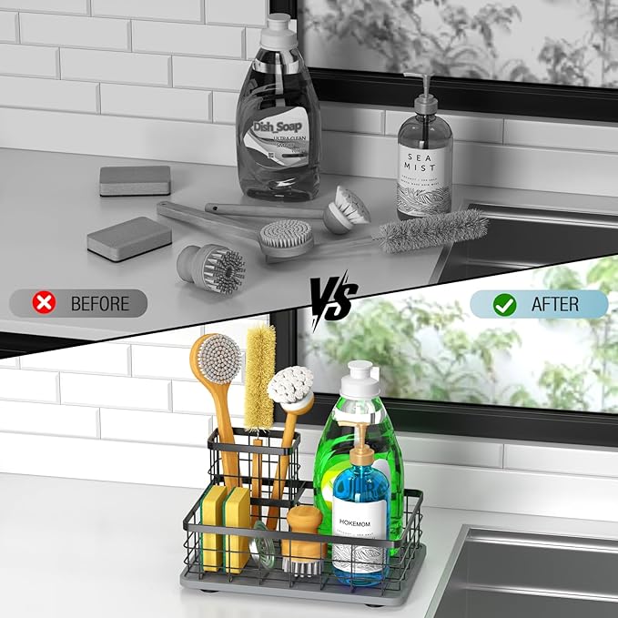 Large Family-Sized Sponge Holder for Kitchen Sink, Sink Caddy Organizer with Brush Holder - Drain-Free Non-Slip Base, Stainless Steel with Rust-Resistant Coating-10.24" L x 6.5" W x 5.83" H