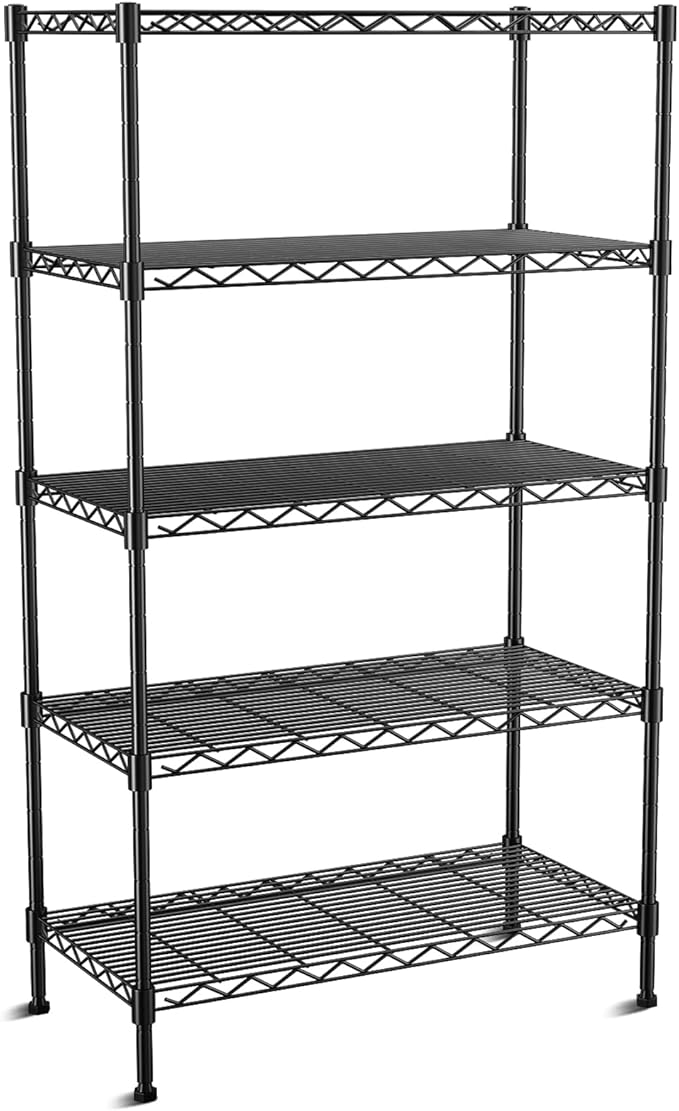 5-Tier Heavy Duty Wire Shelving Unit,35" Wx18 Dx71 H,Wire Shelf Racks with Wheels,Height Adjustable Storage Metal Shelves for Kitchen,Garage,Office,Living Room,Pantry,Black