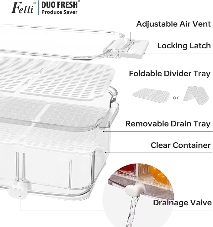 Felli Duo Fresh Produce Saver for Fridge, Fruit Vegetable Container with Vent & Drainage in Bottom for Wash, Colander Strainer Storage Bin for Refrigerator, Berry Lettuce Keeper, Christmas Gifts