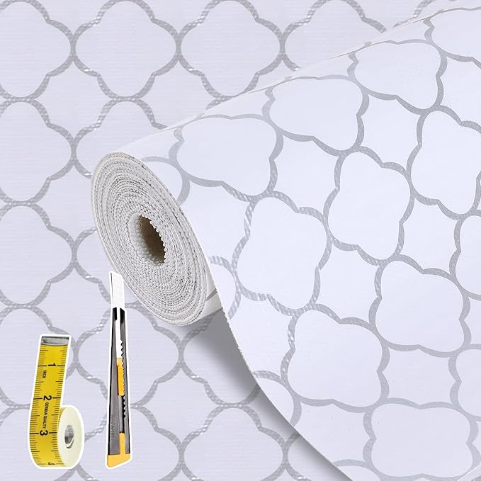 Shelf Drawer Liners for Kitchen Cabinets Non Adhesive Drawer Liner Thickened Refrigerator Liner Silver Quatrefoil Strong Non-Slip Paper for Tool Box with Knife and Tape Measure,11.8 x 354.3 Inches
