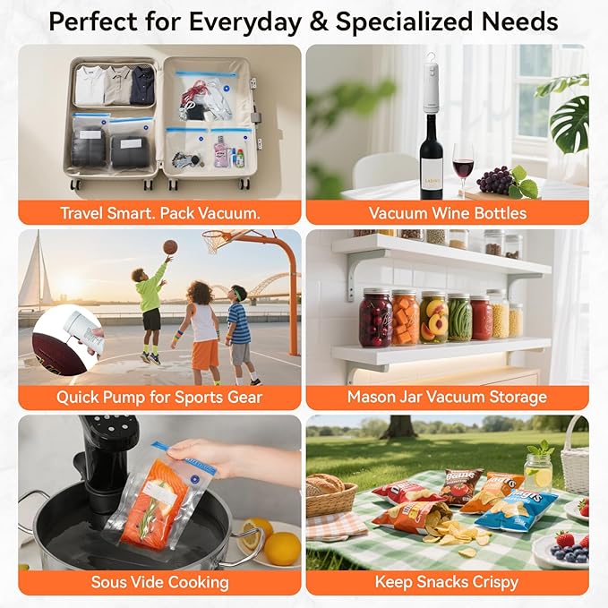 takoo 4-in-1 Portable Cordless Vacuum Sealer for Dry/Moist Food Storage with 4 Vacuum Bags, Heat Sealer for Chip Bags, Inflation Pump for Balls/Swim Ring