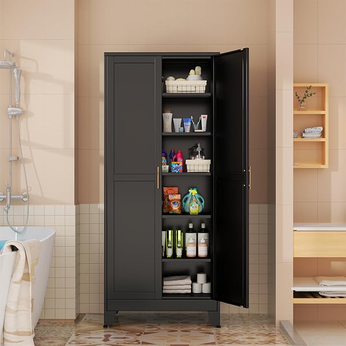 erosoei 75.2”H Metal Kitchen Pantry Storage Cabinet, Storage Cabinets with Adjustable Feet and Shelves,Food Pantries Cupboard for Kitchen, Living Room, Laundry Room and Dinning Room（Black）