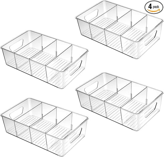 4 Pack Pantry Organizers and Storage, Clear Plastic with 3 Removable Dividers, for Tea Bag, Snack, Seasoning Organizer – BPA Free Perfect in Pantry and Fridge