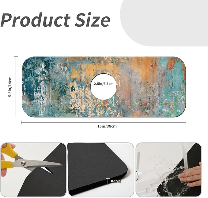 Kitchen Sink Splash Guard，Rainbow Retro Graffiti Faucet Mat Sink Gadgets-Super Absorbent Fast Drying Mat Drip Catcher for Kitchen, Bathroom,Sink Mat, Dish Drying Mat, Bathroom(15" X 5.5" )