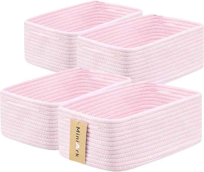 MiniArk Small Storage Baskets for Organizing | Closet Organizer Bins | Shelf Toy Basket | Woven Rope Baskets | Cube Decorative Box | Shallow Basket | 13x8.5x5.1” | 4 Packs Light Pink