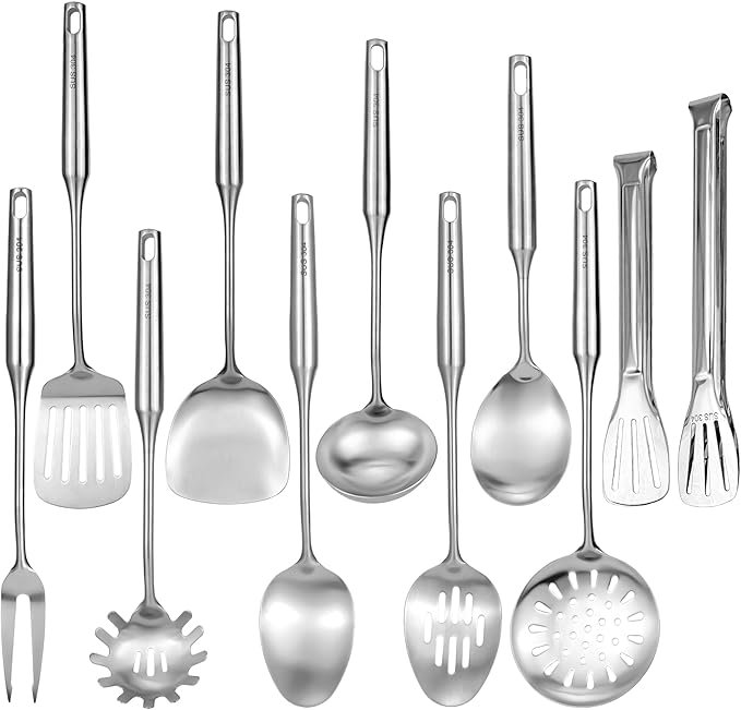 304 18/10 Stainless Steel Kitchen Utensils Set 11 Pcs Long Metal Cooking Utensil, Spatula, Soup spoon, Leaking shovel, Ladle, Tunner, Pasta Server, Meat Fork, Tongs Kitchen Tools Set, Dishwasher Safe