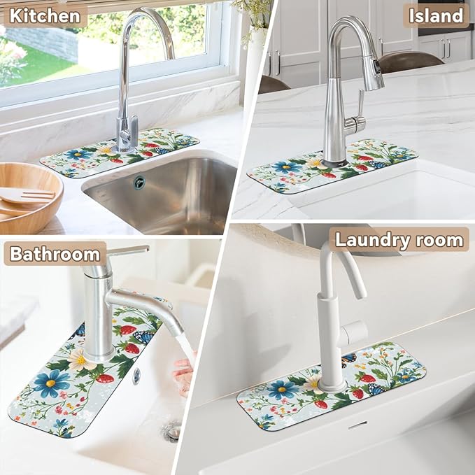 1 PC 15.4*5.7 Inch Absorbent Faucet Mat for Kitchen Butterfly Sink Splash Guard Fast Drying Kitchen Faucet Mat for Bathroom Kitchen
