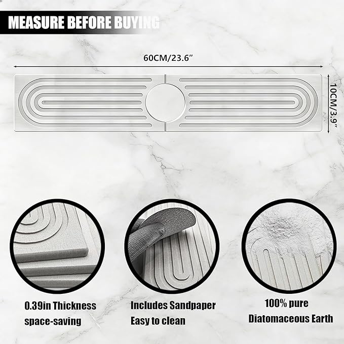 Diatomite Faucet Mat, Fast-Drying Water Absorbing Stone Tray, Kitchen Bathroom Sink Splash Guard for Kitchen Counter Sink Accessories(15.7" x 3.9")