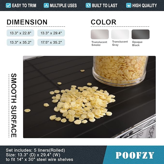 Poofzy Wire Shelf Liner 16" X 36", Non-Adhesive Plastic Shelf Liners for Wire Shelving, Waterproof Protector Mats (5PK, Black)