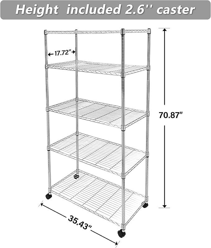 YSSOA Heavy Duty 5-Shelf Storage Shelves, 1750Lb Loading Capacity, 35.43" W x 17.72" D x 70.87" H Adjustable Shelving Unit with Wheels, Chrome, 2 Pack