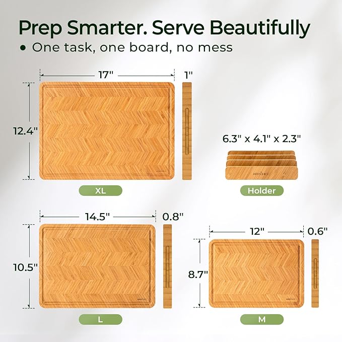 Keechee Atelier Collection Bamboo Cutting Board Set of 3, Reversible Wood Chopping Boards for Kitchen with Juice Grooves, Handcrafted Large Serving Tray, Luxury Housewarming Wedding Gifts for New Home