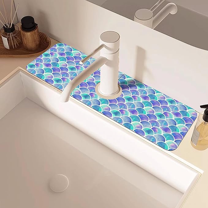 Watercolor Rainbow Scales Sink Faucet Absorbing Mat Sink Splash Guard Faucet Mat Draining Mat Fast Drying Sink Protectors for Kitchen and Bathroom 5.5"×15"
