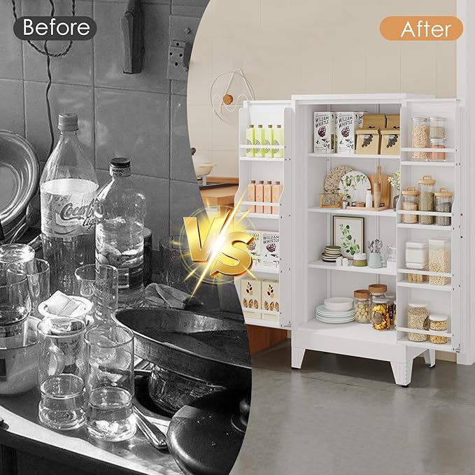 51" H Metal Kitchen Pantry Storage Cabinet,Storage Cabinets with Doors and Adjustable Shelves,Freestanding Food Pantry Cabinet Cupboard for Living Room,Dinning Room（White）