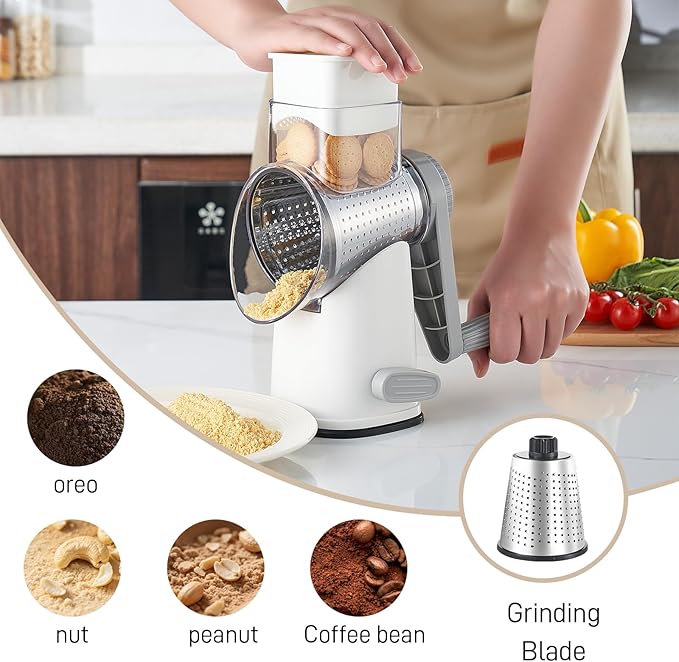 Weltonhm Rotary Cheese Grater with 4 Blades, Hand Crank Cheese Grater with Waffle Slicer, Black and White Cheese Slicer with Suction Base, Easier for Shredding& Grating (White and Grey, 4 Graters)