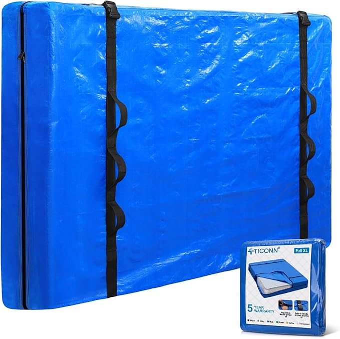 TICONN Mattress Bags for Moving, Heavy Duty Full XL Mattress Cover Storage Bag with Full-Around Handle and Adjustable Buckles (Blue, Full XL)