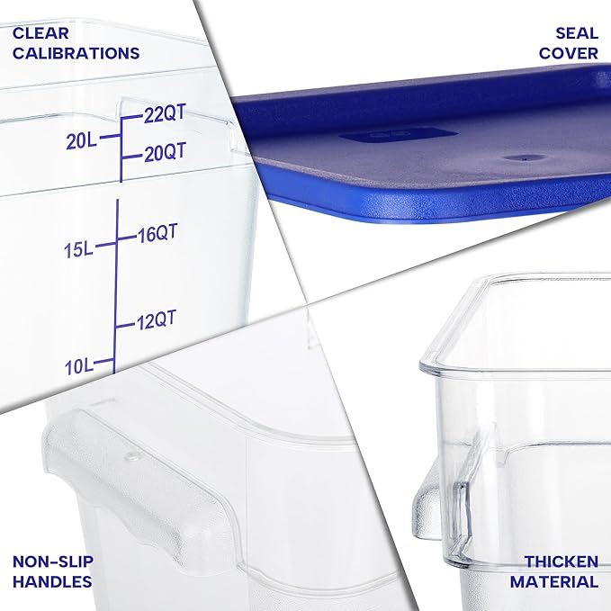 BIEAMA 4 Pack Food Storage Containers, 22 Quart with Lids, Square Commercial Containers with Scale, NSF, Polycarbonate, Clear