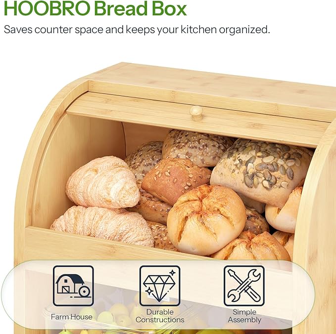 HOOBRO Potato Storage Bin, Large Bamboo Bread Box for Kitchen Counter, 3 Tier Onion Organizer with Grocery Section, Decorative Fruit and Vegetable Box for Kitchen, Natural YL14MB01