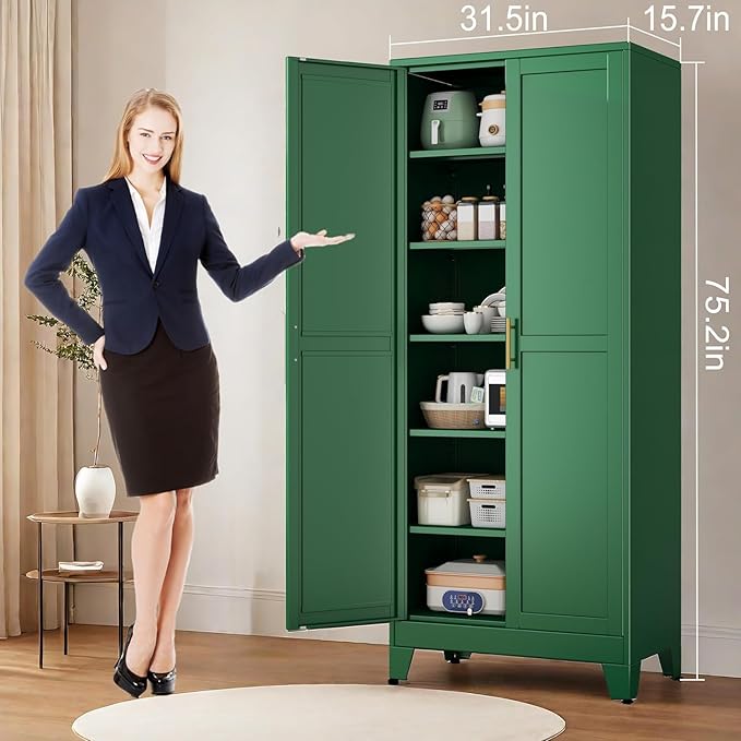 erosoei 75.2”H Metal Kitchen Pantry Storage Cabinet, Storage Cabinets with Adjustable Feet and Shelves,Food Pantries Cupboard for Kitchen, Living Room, Laundry Room and Dinning Room（Green）