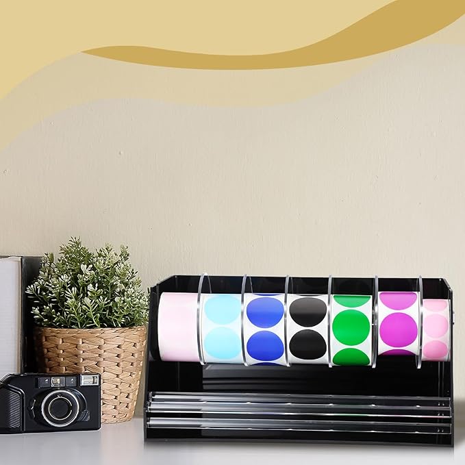 Adjustable Label Dispenser Acrylic Sticker Roll Dispenser Label Roll Holder Multi Use Sticker Holder Organizer Stand for School Gifts and Home Office Desktop(7 Disks)