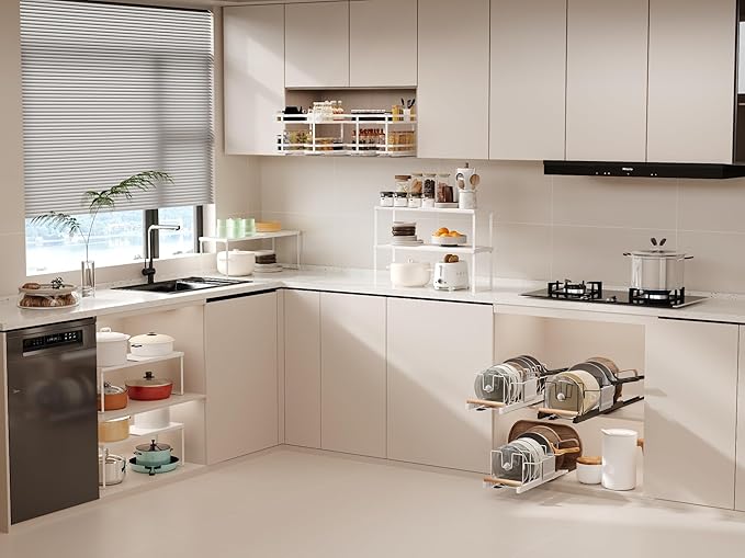 Magheo Expandable Cabinet Shelf Organizer, 2 Pack Stackable Kitchen Counter Shelf Riser, Metal Spice Rack Adjustable Heavy Duty Countertop Organizer Storage for Kitchen, Pantry, Cupboard, Rv (White)