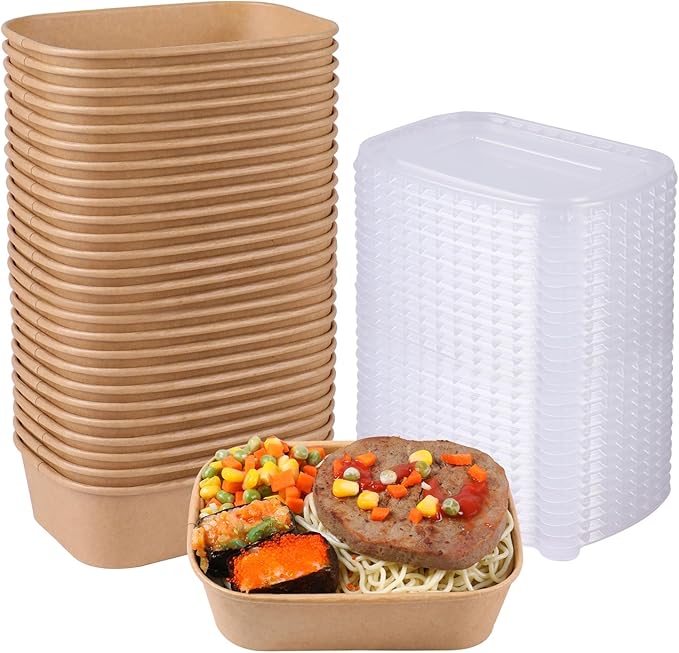 JAYEEY 22OZ Disposable Kraft paper bowls with lids, Rectangle Food containers Soup Bowls Party Supplies Treat Bowls 50 PACK