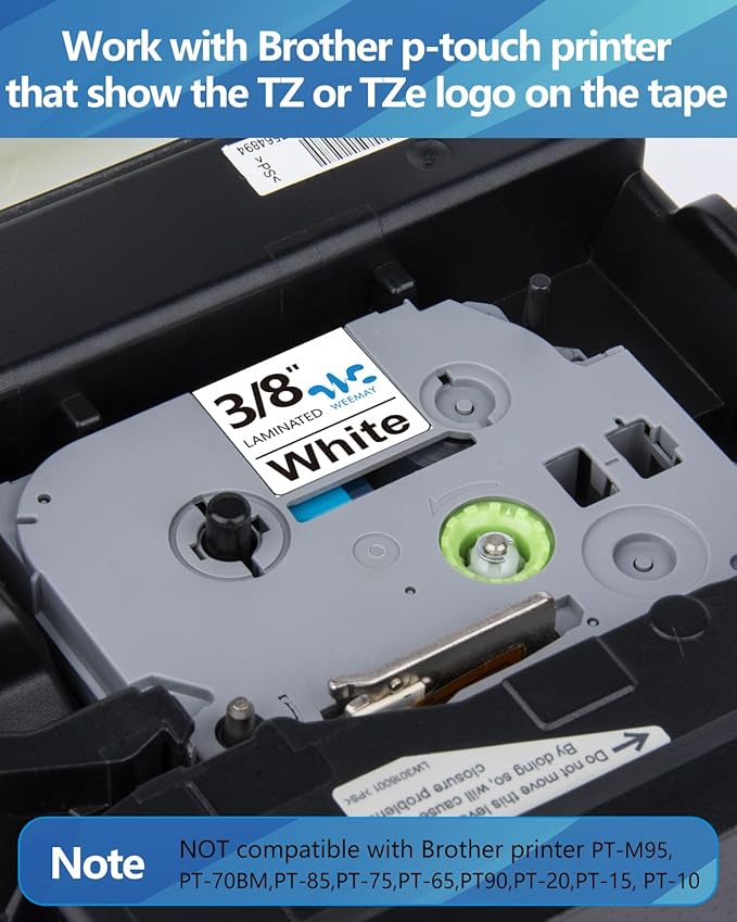 Weemay 3 Pack TZe-221 Compatible for Brother P-Touch Label Tape 9mm 0.35 Laminated White TZe TZ Tape TZ-221 TZ221 TZe221 3/8 Label for PTouch PTD210 PTD220 PTH110BP PTD410 PTD600 Printer