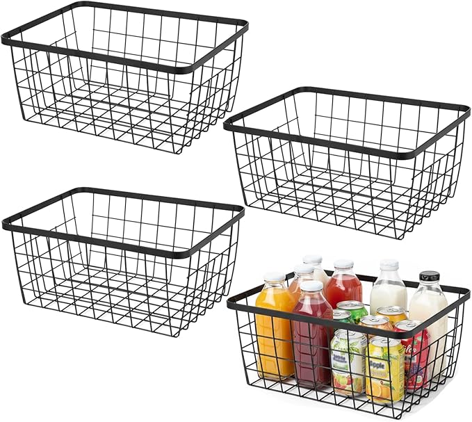 Aeggplant Kitchen Metal Wire Baskets with Handles Food Storage Organizer, Household Refrigerator for Cabinets,Pantry,Bathroom,Black,4 Pack