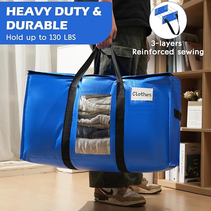 6 Pack Extra Large Moving Bags,Christmas Decoration Storage Bins,37Gallon Heavy Duty Storage Totes with Visible Window & Tag Pocket,Alternative to Moving Boxes,Dorm Room Essentials(Blue)