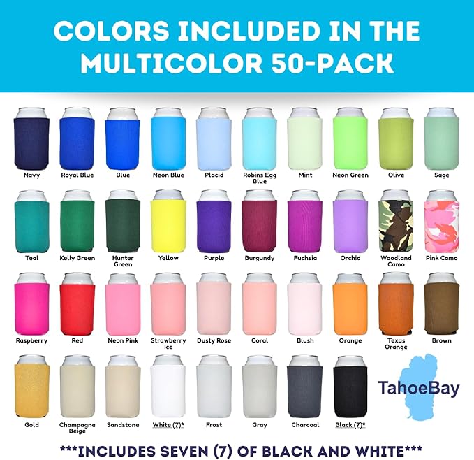 TahoeBay Neoprene Can Cooler Sleeves (50-Pack) Bulk Blank Sublimation Blanks for Vinyl Regular Size Plain Beer Coolers for Soda Cans & Bottles Black, White, Solid Color Set (Multicolor)