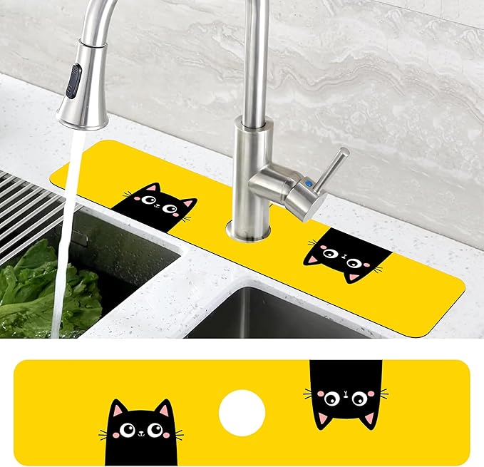 Cute Black Cat Head Kitchen Sink Splash Guard Mat Absorbent Fast Drying Mat Faucet Draining Mat Sink Splash Guard Behind Faucet Drip Catcher for Kitchen Bathroom 5.5"×24"