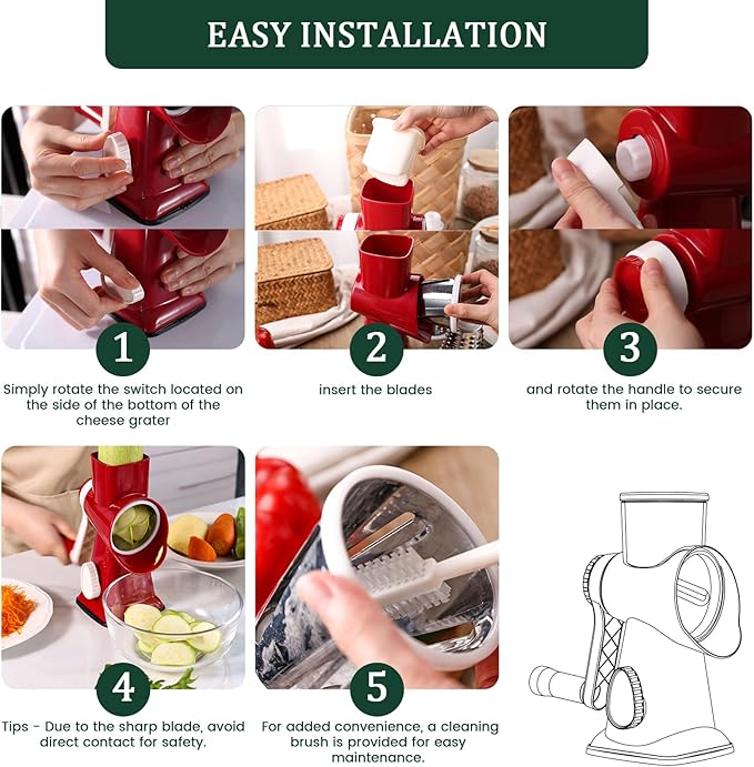 HANSGO Rotary Cheese Grater, Hand Crank Cheese Shredder, 3 Metal Blades & Cleaning Brush, Non-slip Suction Base, Labor-Saving Handle, Kitchen Gadgets for Vegetable, Nuts, Christmas Gifts for Women