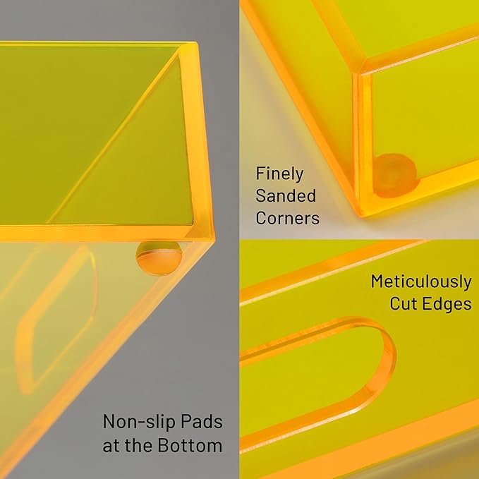 ATZYmolin 16"x12" Large Acrylic Serving Tray Decorative Ottoman Coffee Table Vanity Tray Tea Fruit Platter Snack Appetizer Dessert Drink with Handles for Bar Kitchen Party, Neon Yellow