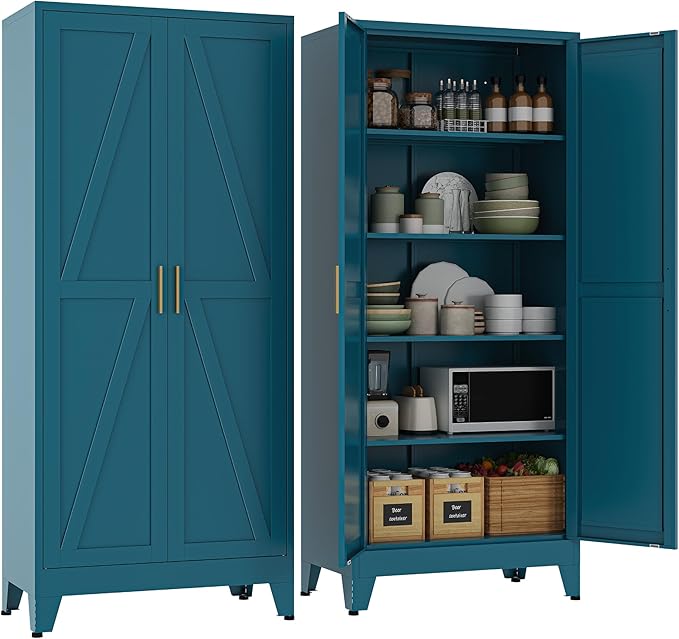 71''Metal Cabinet with 4 Adjustable Shelves,5-Tier Pantry Storage Cabinet,Kitchen Pantry Cabinet for Living Room,Dining Room, Blue